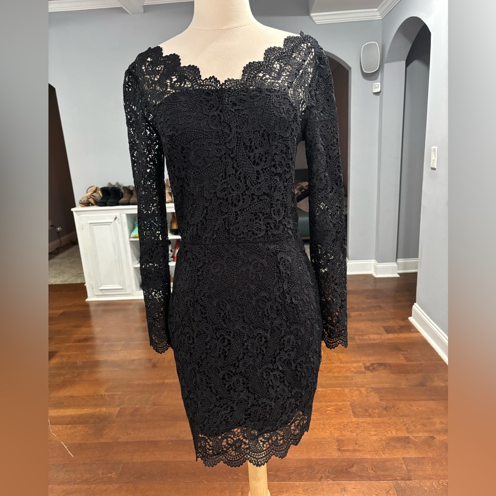 Charlie Jade Sheath Black Lace Minidress w/ Sheer Sleeves -size 4